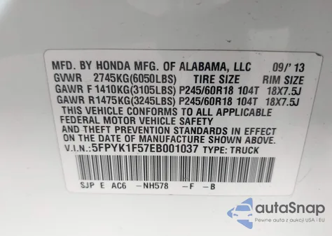 2014 Honda Ridgeline Rtl z USA, uszkodzony, nr VIN 5FPYK1F57EB001037